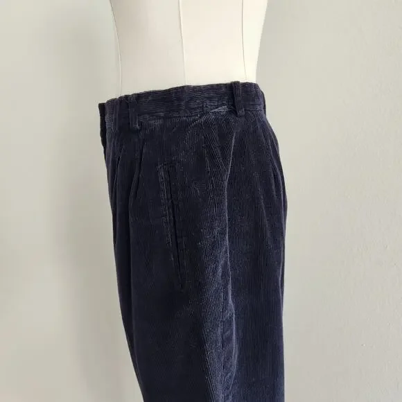 Vintage 80s Navy Blue Corduroy High Rise Pleated Trousers Straight Leg Pants M - Picture 4 of 9